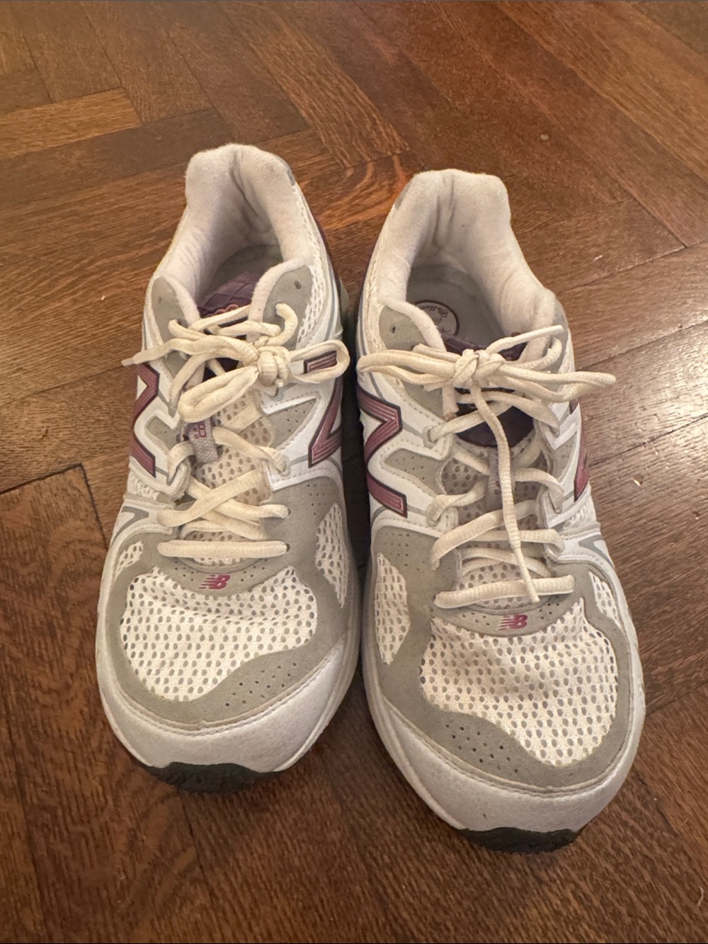 New Balance White and Light Gray Sneakers with Pink Logos